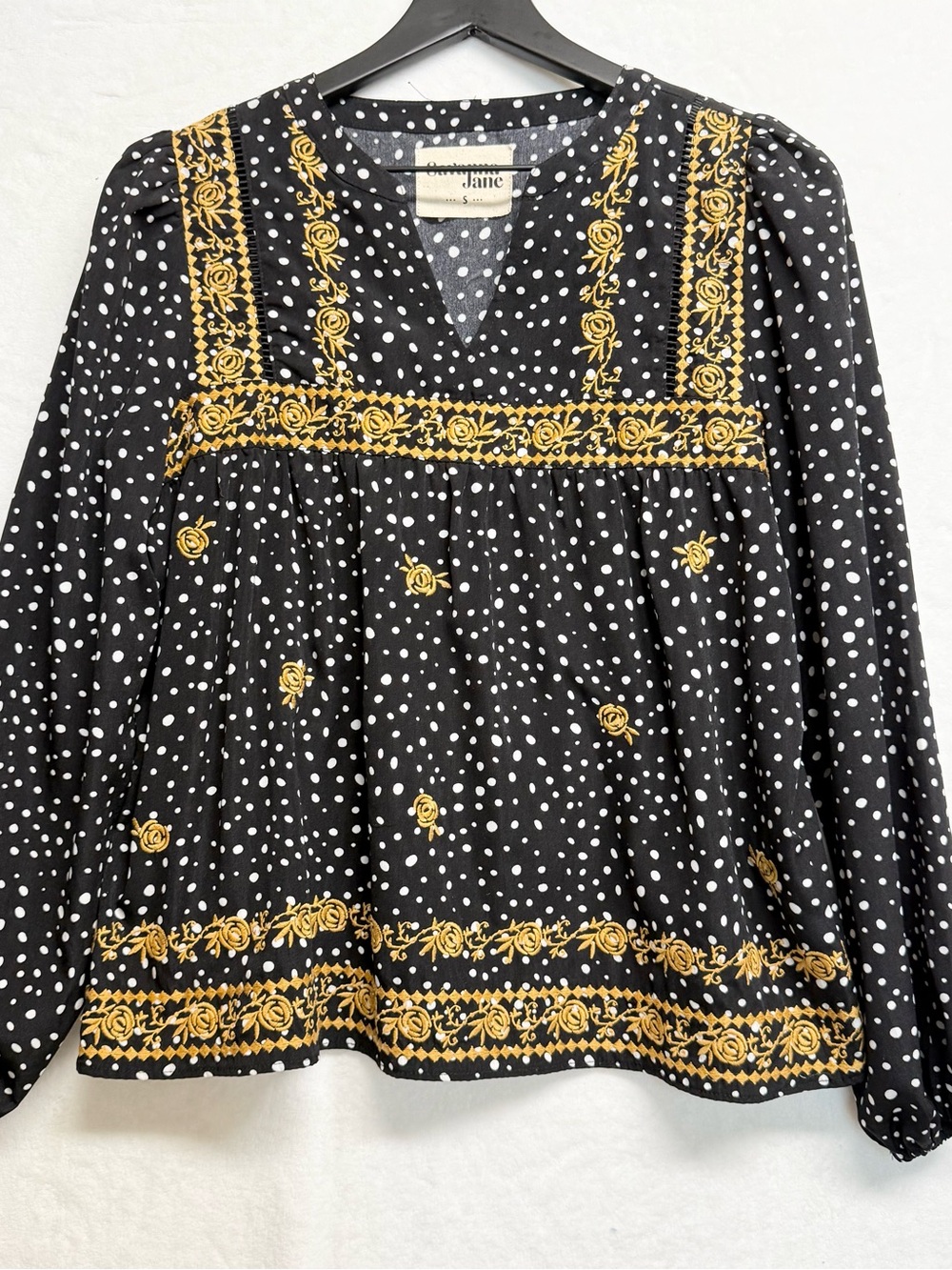 Savanna Jane Black Polka Dot Blouse with Gold Embroidered Trim